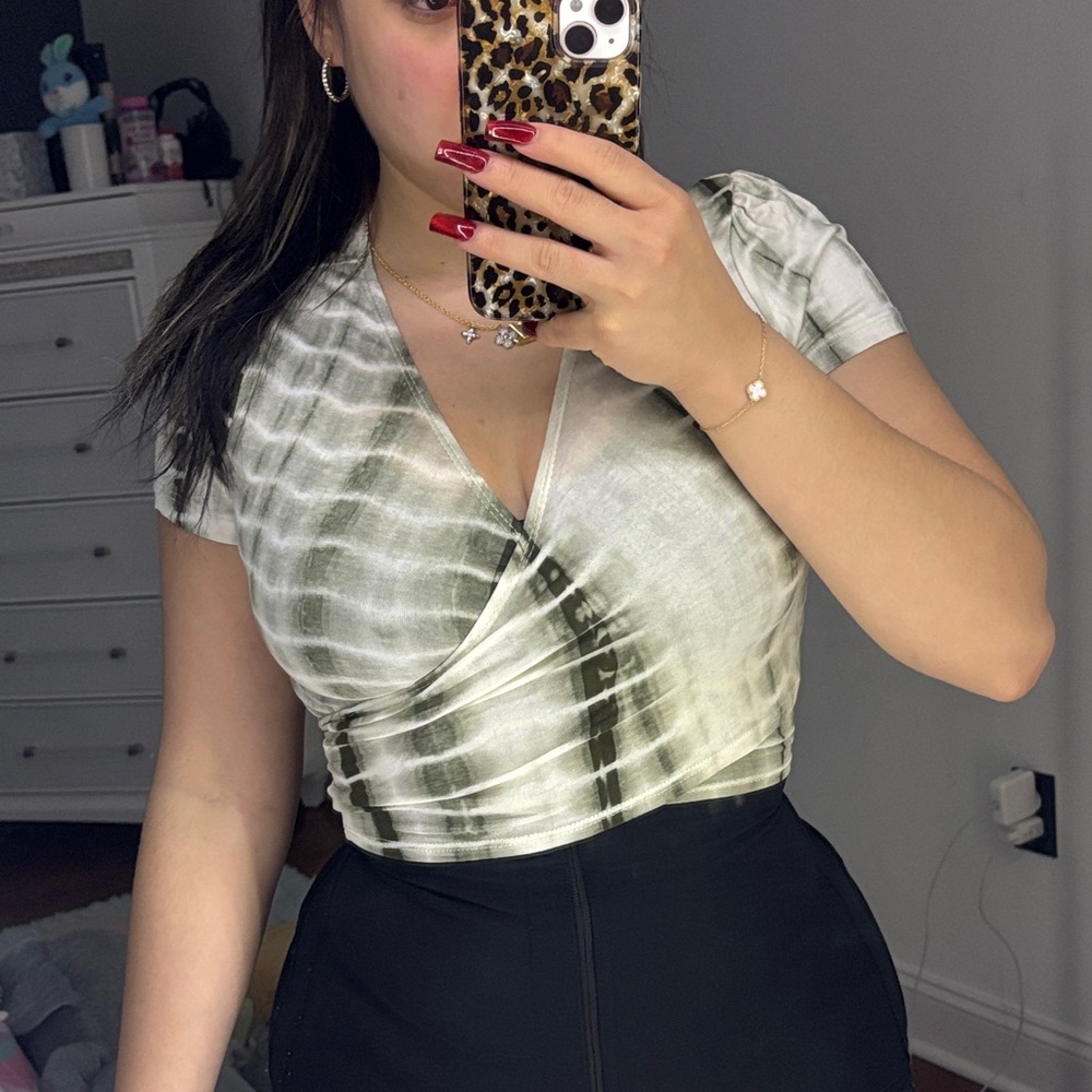 Fashion Nova Green and White Short Sleeve Wrap Top